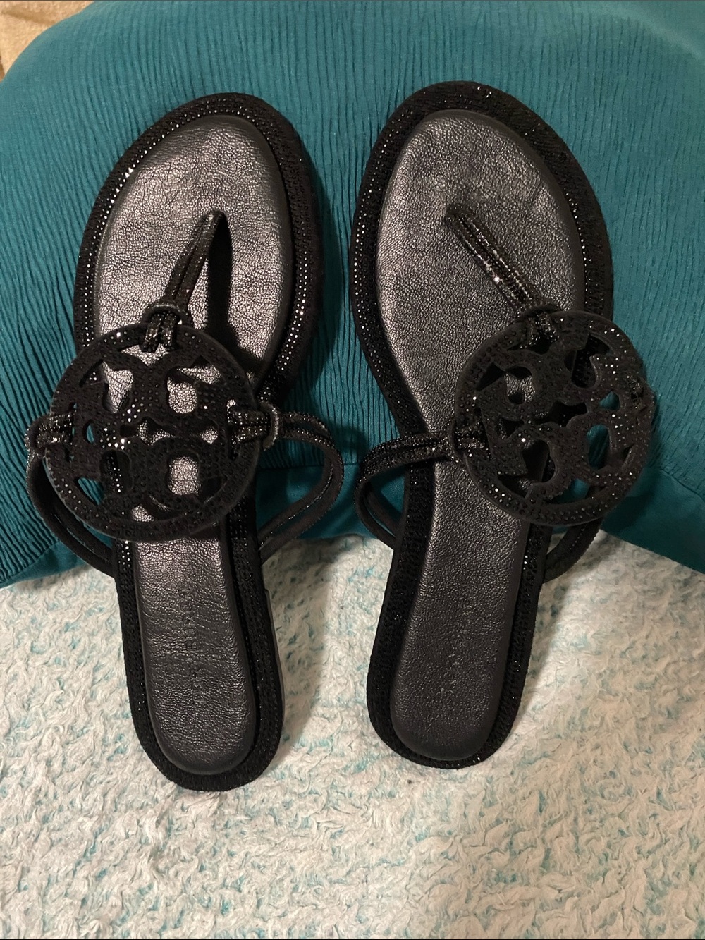 Tory Burch Black Logo Thong Sandals with Embellished Medallions